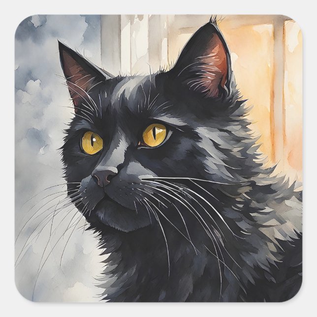 Adesivo Quadrado Retrato de Aquarela de Pinças de Gato Preto (Frente)