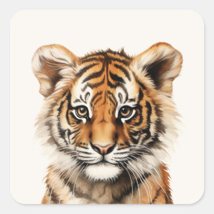 Adesivo Quadrado Retrato de Aquarela de um Pequeno Tigre