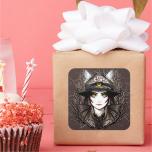 Adesivo Quadrado Retrato de bruxas e bonitinho de Halloween