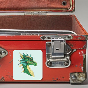 Adesivo Quadrado Retrato de Cabeça de Dragão Verde Esmeralda Fantas