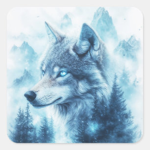 Adesivo Quadrado Retrato de Lobo com Olhos Azuis Brilhantes