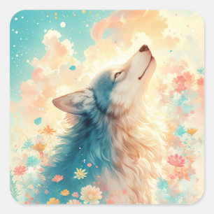 Adesivo Quadrado Retrato de Lobo em Pastel Prado de Flores Silvestr