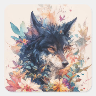 Adesivo Quadrado Retrato de Lobo Negro com Folhas de Outono