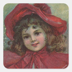 Adesivo Quadrado Retrato de Menina com Chapéu Vermelho de Natal Vit