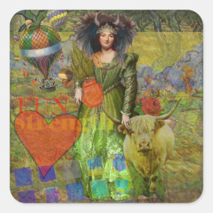 Adesivo Quadrado Retrato de mulher clássica Touro Vintage Arte Góti
