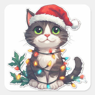 Adesivo Quadrado Retrato de Natal de Gatinho Fofo Com Chapéu de Pap