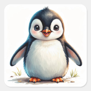 Adesivo Quadrado Retrato de Pinguim Fofo Para Amantes de Pinguins
