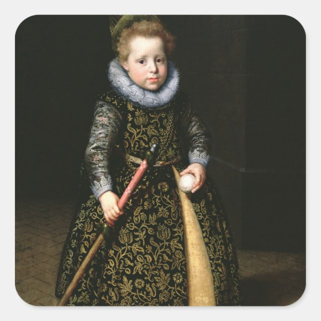 Adesivo Quadrado Retrato de um menino de quatro anos com clube e (Frente)