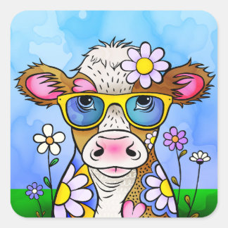 Adesivo Quadrado Retrato de Vaca Doodle