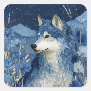Adesivo Quadrado Retrato do Lobo Azul sob o Céu Noturno Estrelado