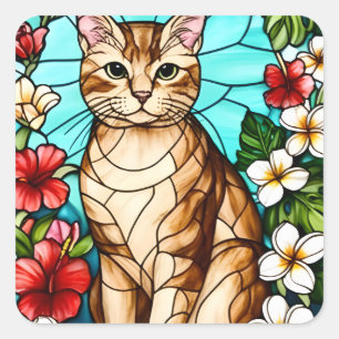 Adesivo Quadrado Retrato Felino Artístico entre Flores Tropicais