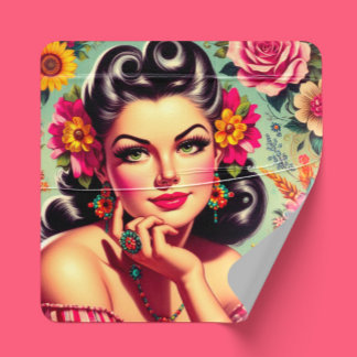 Adesivo Quadrado Retrato Fofo de Pin-up Floral Retro