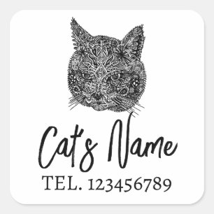 Adesivo Quadrado Retrato Ornamental de Gato Negro e Branco