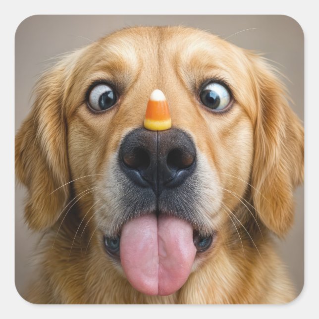 Adesivo Quadrado Retriever Dourado Vesgo Com Candy Corn (Frente)