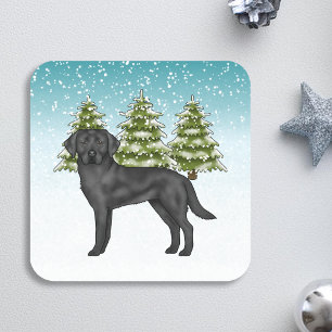 Adesivo Quadrado Retriever Labrador Preto Floresta de Inverno Nevad