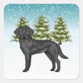 Adesivo Quadrado Retriever Labrador Preto Floresta de Inverno Nevad