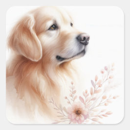Adesivo Quadrado Retriever ouro Com Aquarela De Flores