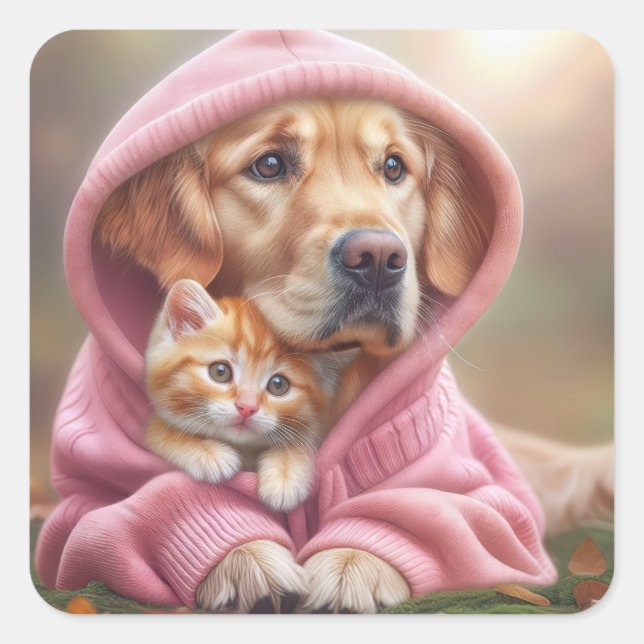 Adesivo Quadrado Retriever ouro e Kitty em Hoodie Rosa (Frente)