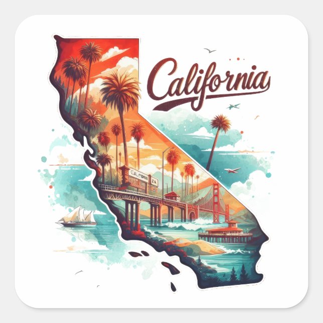 Adesivo Quadrado Retro California Map Viagem Souvenir (Frente)