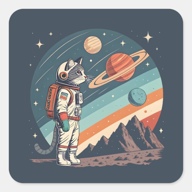 Adesivo Quadrado Retro Cat Astronaut Cosmic Space Illustration (Frente)