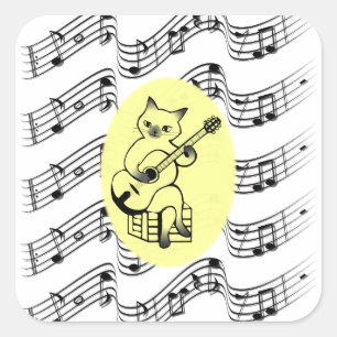 Adesivo Quadrado Retro Cat Tocando Violão no Fundo da Nota de Mús