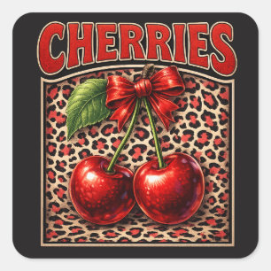 Adesivo Quadrado Retro Cherry Coquette Design de Laço Moderno no Le