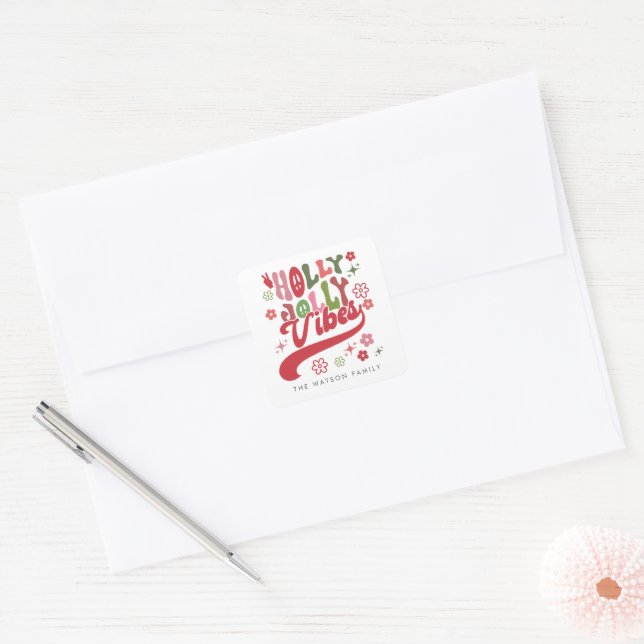 Adesivo Quadrado Retro Colorido Groovy Holly Jolly Vibes Feriado (Envelope)