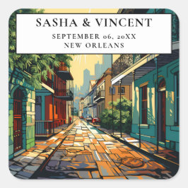 Adesivo Quadrado Retro de Casamento de Nova Orleans Louisiana