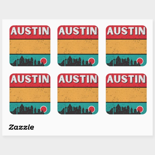 Adesivo Quadrado Retro Distante Austin Texas City State Skyline (Folha)