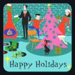 Adesivo Quadrado Retro Family Trimming the Christmas Tree Stickers<br><div class="desc">Estas personalizáveis "Retro Family Trimming the Christmas Tree Stickers" contêm todas as tradições de Natal, mas o bolo de frutas. A família de desenhos animados de 1960 está em casa em sua sala de estar moderna de meio século. Há uma parede de tijolos turquesa e lacrimejante e uma lareira de...</div>