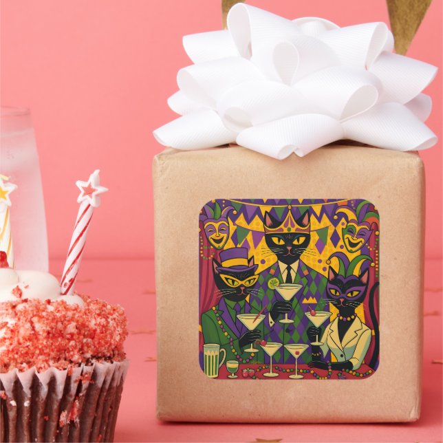 Adesivo Quadrado Retro Futuristic Mardi Gras Black Cat Martini Club (Festa)