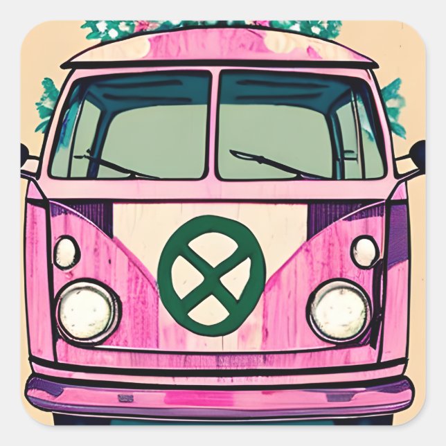 Adesivo Quadrado Retro Hippie Van floral Colors Art (Frente)