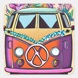 Adesivo Quadrado Retro Hippie Van Flores Vintage Colors Art