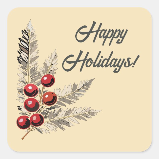 Adesivo Quadrado Retro Holly Berries e Evergreen (Frente)