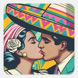 Adesivo Quadrado Retro Mexicano Beijo Festivo Fiesta Sombrero