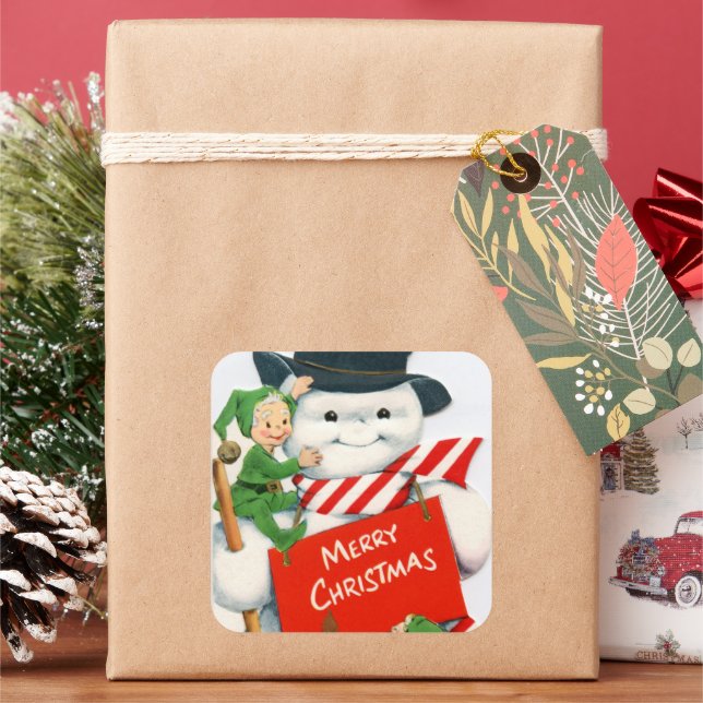 Adesivo Quadrado retro natais vintages Snowman elf Holiday (Feriado)