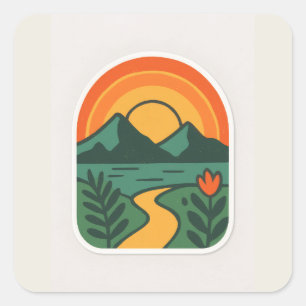 Adesivo Quadrado Retro Nature Sunset - Montanha Vintage
