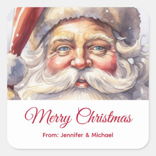 Adesivo Quadrado Retrô Papai Noel em um presente de Natal Red Hat
