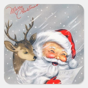 Adesivo Quadrado Retro Papais noeis e Reindeer Cantando Música de 