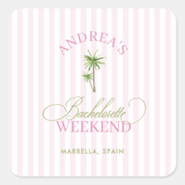 Adesivo Quadrado Retro Pink & Green Palm Tree Beach Bachelorette