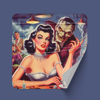 Adesivo Quadrado Retro Pulp Pinup and Monster