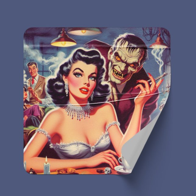 Adesivo Quadrado Retro Pulp Pinup and Monster (Criador carregado)