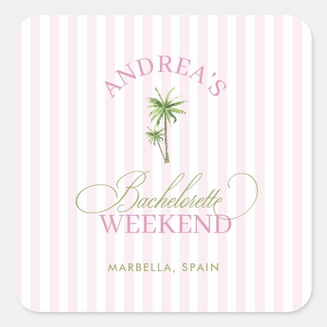 Adesivo Quadrado Retro Rosa e Verde Festa de Solteira da Praia com  (Frente)