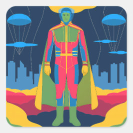 Adesivo Quadrado Retro Sci-Fi Hero Over Cityscape