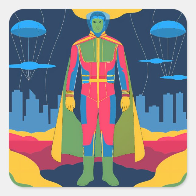 Adesivo Quadrado Retro Sci-Fi Hero Over Cityscape (Frente)