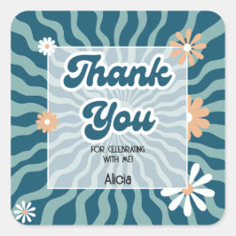 Adesivo Quadrado Retro Sun Wave Daisy Green Birthday Obrigado