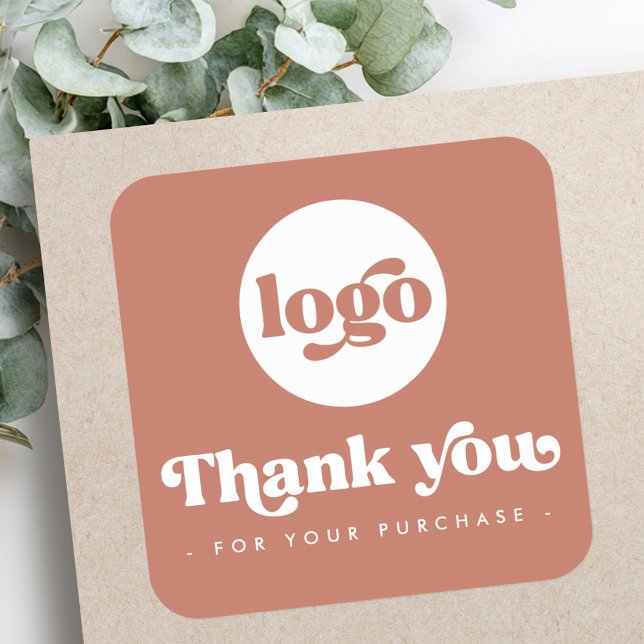 Adesivo Quadrado Retro terracotta Brown adicione logotipo obrigado  (Retro terracotta brown add logo business thank you square sticker)