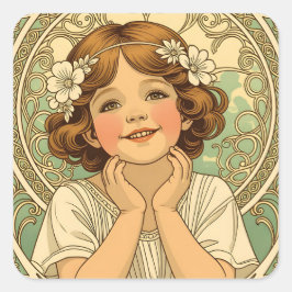 Adesivo Quadrado retro vintage child with flowers