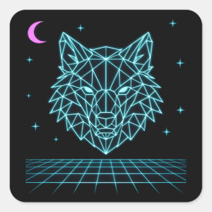 Adesivo Quadrado Retro Wolf Synthwave - Uivador Noturno de Neon