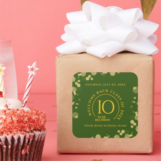 Adesivo Quadrado Reunião de Classe de Escola Verde e Dourada (Festa)